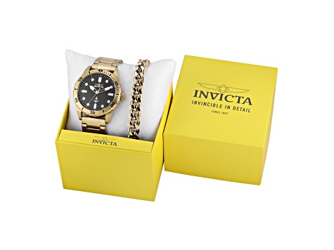 Invicta OCEAN VOYAGE 43mm Black Dial Yellow Stainless Steel Quartz Watch and Bracelet Set