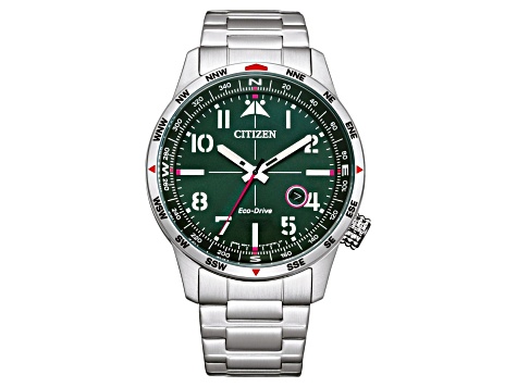 Citizen - Orologio uomo Aviator Eco Drive quadrante verde cassa e bracciale acciaio