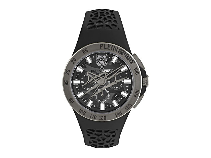 Thunderstorm Mens Watch 43MM IP Gunmetal Case Camouflage Guilloché Dial Silicone Strap