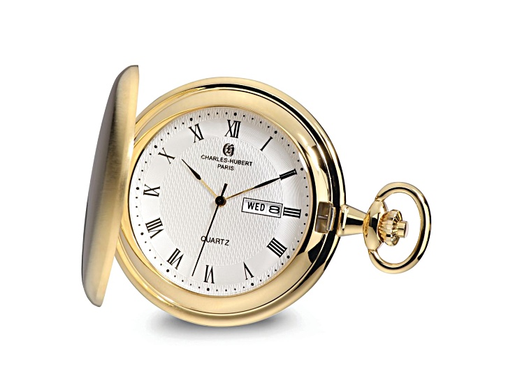 Charles-Hubert Gold-finish Satin White Dial Day and Date Pocket Watch