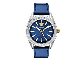 Versace V-Code GMT Mens Watch 42MM Stainless Steel Case Blue Sunray Dial Strap