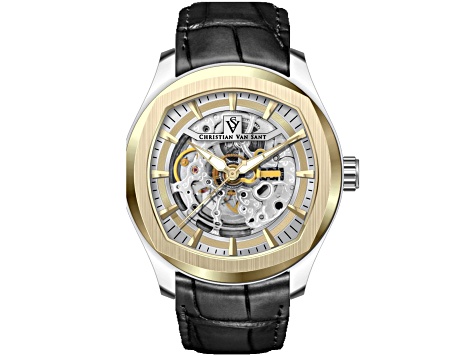 Christian Van Sant Romeo 42mm Black Leather Strap Yellow Dial Automatic Watch