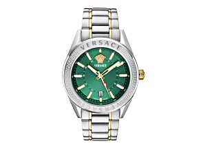 Versace V-Code GMT Mens Watch 42MM Two Tone Case Green Sunray Dial Bracelet