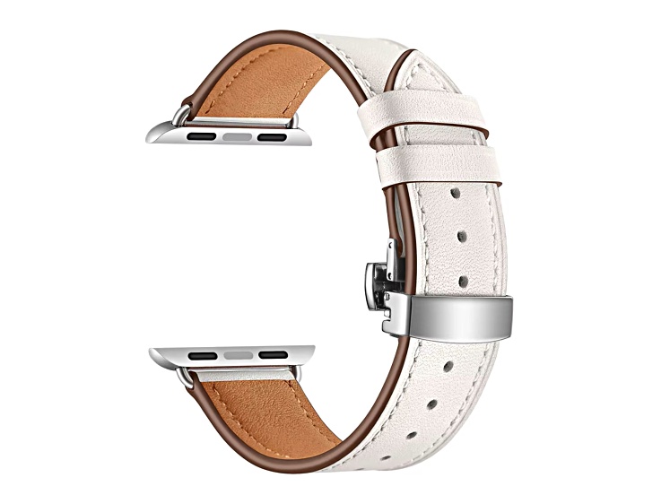 White Leather Apple Watch Band with White Buckle (42-44-45-49mm). Band Only, Watch Not Included.