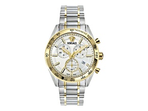 Versace V-Code Chrono Mens Watch 41MM Two Tone Case Silver Sunray Dial Bracelet