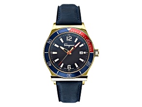 Ferragamo 1898 Watch 44MM Yellow Case Blue Guilloché Dial Calf Leather Strap