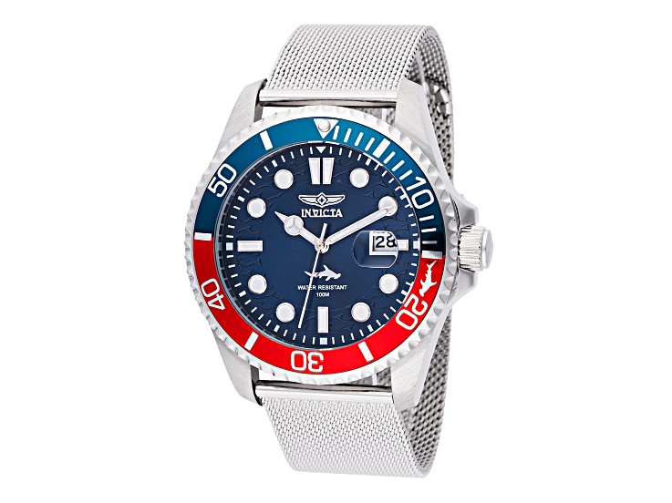 Invicta Pro Diver 43mm Blue Dial Blue and Red Bezel Stainless Steel Mesh Quartz Watch