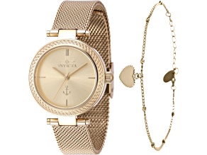 Invicta OCEAN VOYAGE 30mm Yellow Stainless Steel Mesh Band Quartz Watch and Bracelet Set