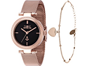 Invicta OCEAN VOYAGE 30mm Black Dial Rose Stainless Steel Mesh Band Quartz Watch and Bracelet Set