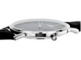 Adee Kaye™ Silver Tone Stainless Steel and Black Leather Band Gent's Watch