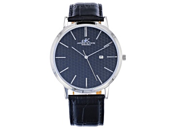Picture of Adee Kaye™ Silver Tone Stainless Steel and Black Leather Band Gent's Watch