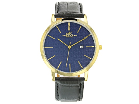 Adee Kaye™ Gold Tone Stainless Steel and Black Leather Band Gent's Watch