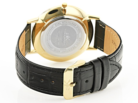 Adee Kaye™ Gold Tone Stainless Steel and Black Leather Band Gent's Watch