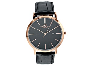 Adee Kaye™ Rose Tone Stainless Steel and Black Leather Band Gent's Watch