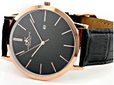 Adee Kaye™ Rose Tone Stainless Steel and Black Leather Band Gent's Watch