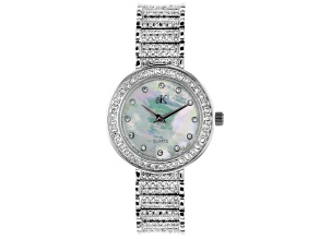 Adee Kaye™ White Crystal Silver Tone Rhodium Over Base Metal Mother of Pearl Dial Watch.