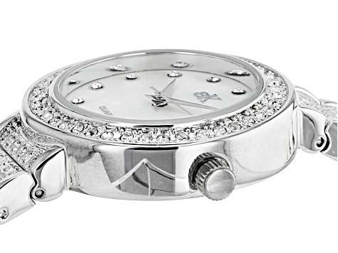 Adee Kaye™ White Crystal Silver Tone Rhodium Over Base Metal Mother of Pearl Dial Watch.