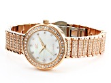 Adee Kaye™ White Crystal Rose Tone Rhodium Over Base Metal Mother of Pearl Dial Watch.