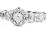 Adee Kaye™ White Crystal Mother of Pearl Dial Silver Tone Rhodium Over Base Metal Watch.
