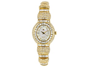 Adee Kaye™ White Crystal Mother of Pearl Dial Gold Tone Rhodium Over Base Metal Watch.