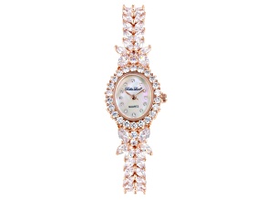 White Cubic Zirconia 18K Rose Gold Over Brass Ladies Wrist Watch 30.36ctw