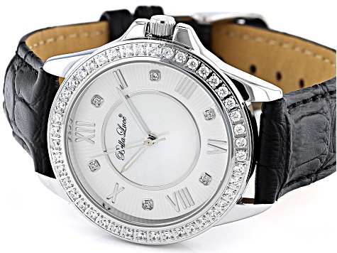 White Cubic Zirconia Rhodium Over Brass Black Genuine Leather Ladies Wrist Watch 2.44ctw