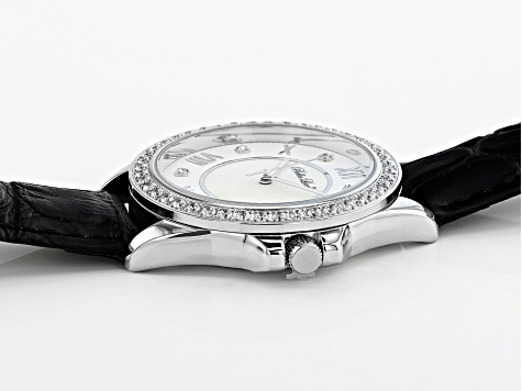 White Cubic Zirconia Rhodium Over Brass Black Genuine Leather Ladies Wrist Watch 2.44ctw