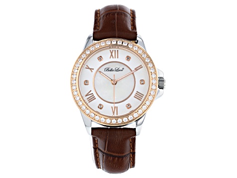White Cubic Zirconia Rhodium And 18K Rose Gold Over Brass Genuine Brown Leather Ladies Wrist Watch