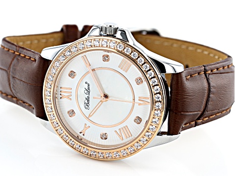 White Cubic Zirconia Rhodium And 18K Rose Gold Over Brass Genuine Brown Leather Ladies Wrist Watch