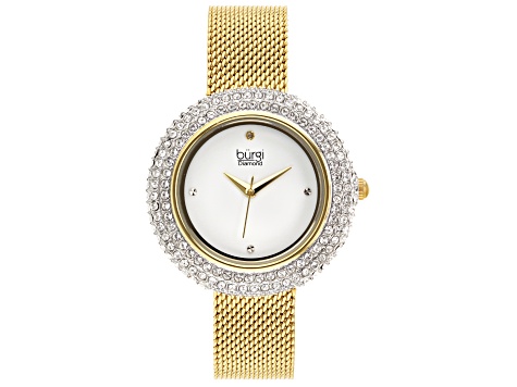 Burgi™ Crystals Gold Tone Stainless Steel Mesh Metal Band Watch
