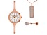 Burgi™ Diamond Rose Tone Base Metal Bangle Watch, With Crystal Pendant, And Earrings Gift Set