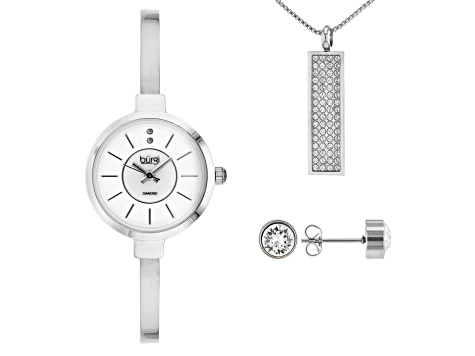 Burgi™ Crystals  Silver Tone Base Metal Bangle Watch, Pendant, And Earrings Gift Set
