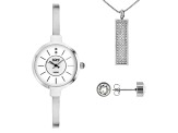 Burgi™ Diamond Silver Tone Base Metal Bangle Watch, With Crystal Pendant, And Earrings Gift Set