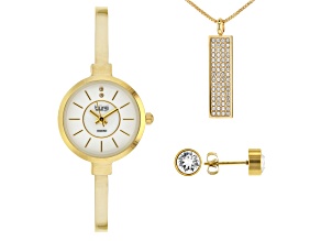 Burgi™ Crystals Gold Tone Base Metal Bangle Watch, Pendant, And Earrings Gift Set