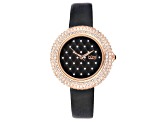 Burgi™ Crystals Gold Tone Stainless Steel and Black Leather Band Watch