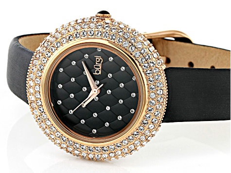 Burgi™ Crystals Gold Tone Stainless Steel and Black Leather Band Watch