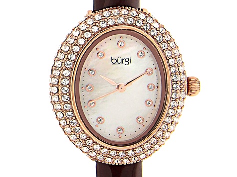 Burgi™ Crystals Rose Gold Tone Stainless Steel Dark Brown Patent Leather Band Watch