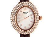 Burgi™ Crystals Rose Gold Tone Stainless Steel Dark Brown Patent Leather Band Watch