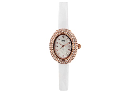 Burgi™ Crystals Rose Gold Tone Stainless Steel White Patent Leather Band Watch