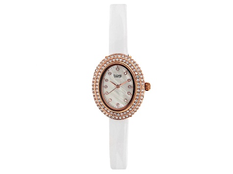 Burgi™ Crystals  Rose Gold Tone Stainless Steel White Patent Leather Band Watch