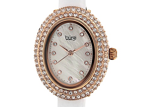 Burgi™ Crystals Rose Gold Tone Stainless Steel White Patent Leather Band Watch