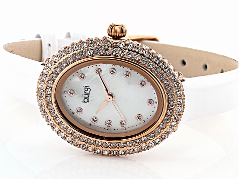 Burgi™ Crystals Rose Gold Tone Stainless Steel White Patent Leather Band Watch