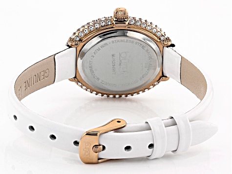 Burgi™ Crystals Rose Gold Tone Stainless Steel White Patent Leather Band Watch