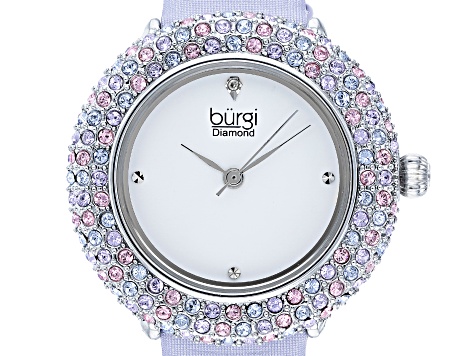 Burgi™ Diamond Accents & Crystals Purple Satin Over Leather Band Watch