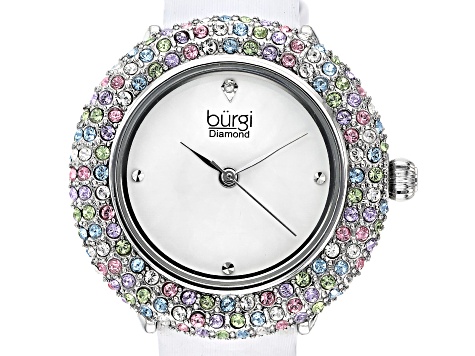 Burgi™ Diamond Accents & Crystals White Satin Over Leather Band Watch