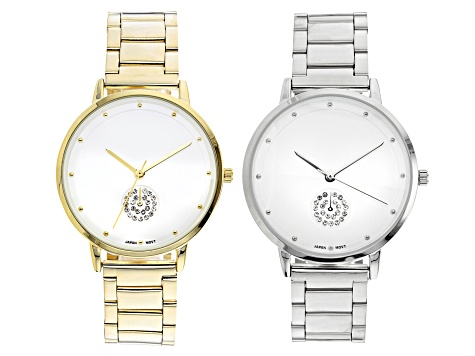 White Crystal Sub Dial Dial Gold Tone And Silver Tone Stainless Steel Band Watches. Set of 2
