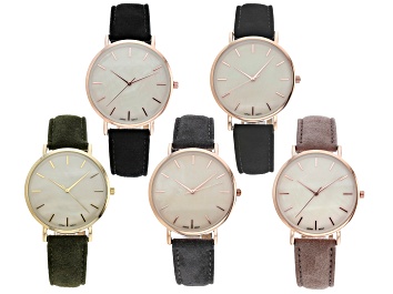 Picture of Gold Tone And Rose Tone Multi Color Suede Fabric Band Watches. Set of 5