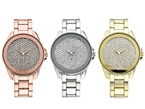 White Crystal Gold Tone, Silver Tone, And Rose Tone Watches. Set of 3