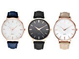Ladies 35mm Rose Gold Tone With Black, Navy, and Taupe Band Watch Set of 3