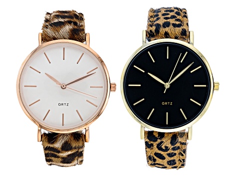Ladies 35mm Rose Tone & Gold Tone Multi-Color Animal Print Leather Band  Watch Set of 2 - WAT014 